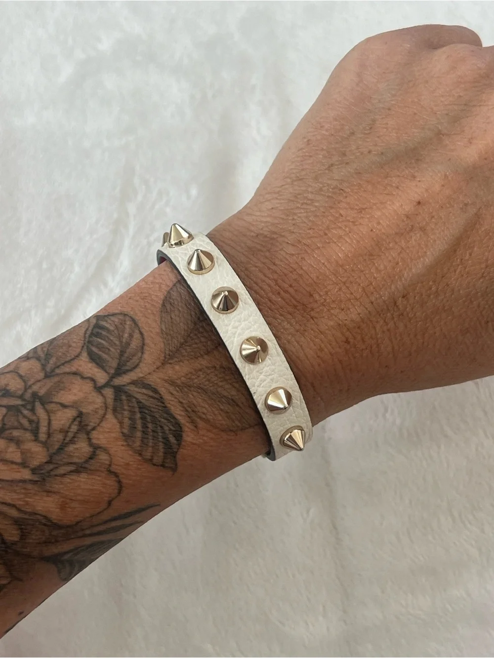 Christian Louboutin White Leather Bracelet with Gold Spikes